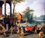 Brueghel's satirical comment reflects the collapse of 'Tulipomania' in the 1640s. In the painting, speculators are depicted as brainless monkeys in contemporary upper-class dress. In a commentary on the economic folly of Tulipomania, one monkey urinates on the previously valuable plants, others appear in debtor's court and one is carried away to the grave.<br/><br/>

Tulip mania or tulipomania (Dutch names include: tulpenmanie, tulpomanie, tulpenwoede, tulpengekte and bollengekte) was a period in the Dutch Golden Age during which contract prices for bulbs of the recently introduced tulip reached extraordinarily high levels and then suddenly collapsed.<br/><br/>

At the peak of tulip mania, in February 1637, some single tulip bulbs sold for more than 10 times the annual income of a skilled craftsman.